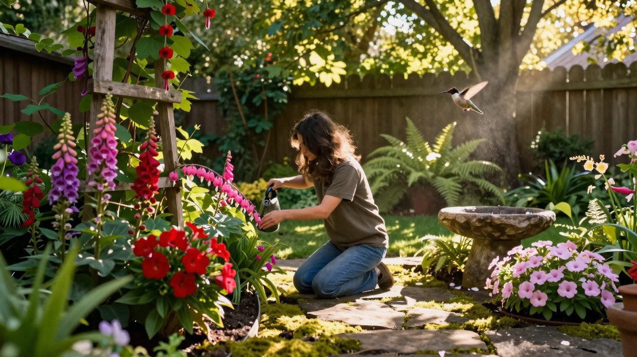 Menina cuidando de flores coloridas em jardim ensolarado com beija-flor voando perto.