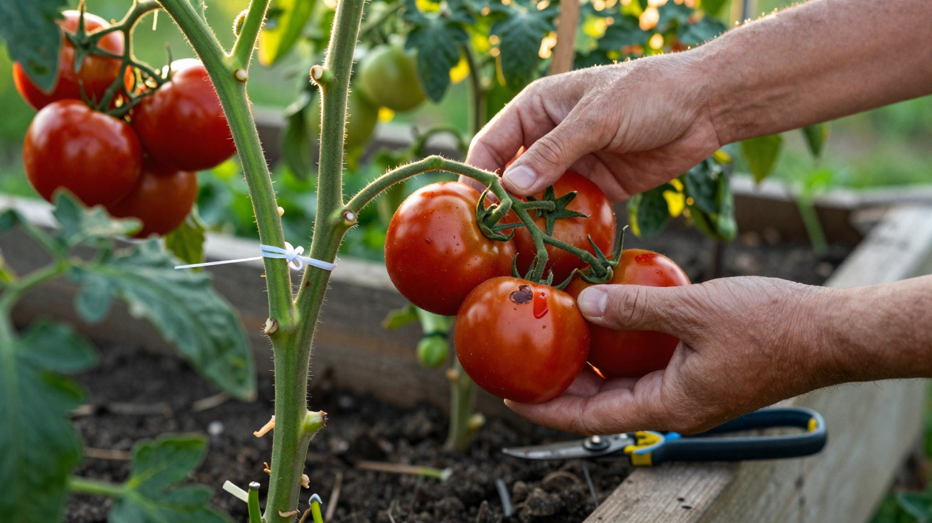 Mãos colhendo tomates maduros vermelhos em estufa, com tesoura de jardinagem ao fundo.