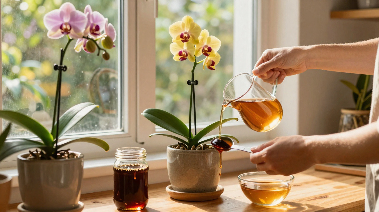 Mãos servindo chá em colher diante de vasos com orquídeas amarelas e rosas na janela com luz natural.
