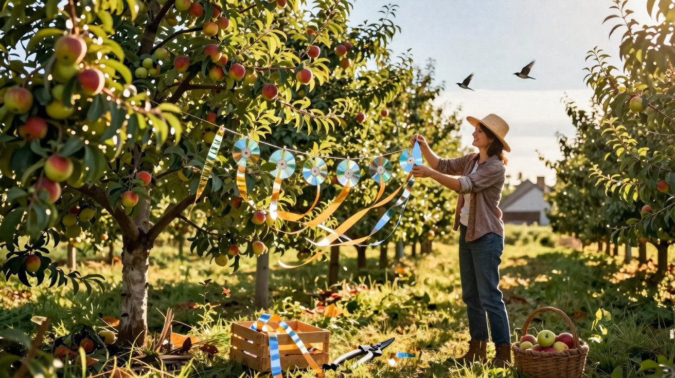 Mulher em pomar pendura CDs em árvore para proteger frutas enquanto pássaros voam ao fundo.