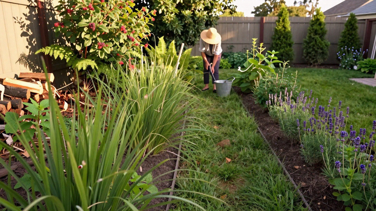 Pessoa com chapéu regando plantas em jardim com flores roxas e gramado verde em área cercada.
