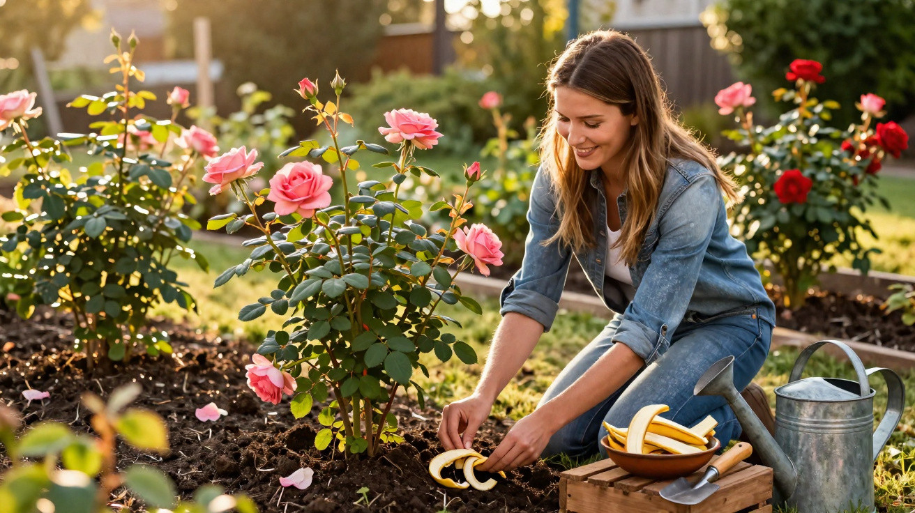 Mulher cuidando de roseiras em jardim, com regador e ferramentas ao lado, em tarde ensolarada.