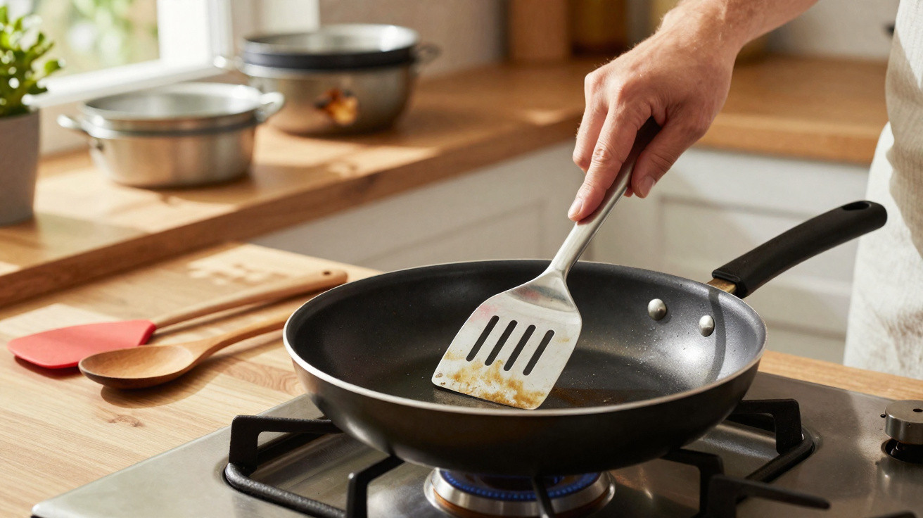 Mão segurando espátula de metal e limpando frigideira preta sobre fogão a gás em cozinha.