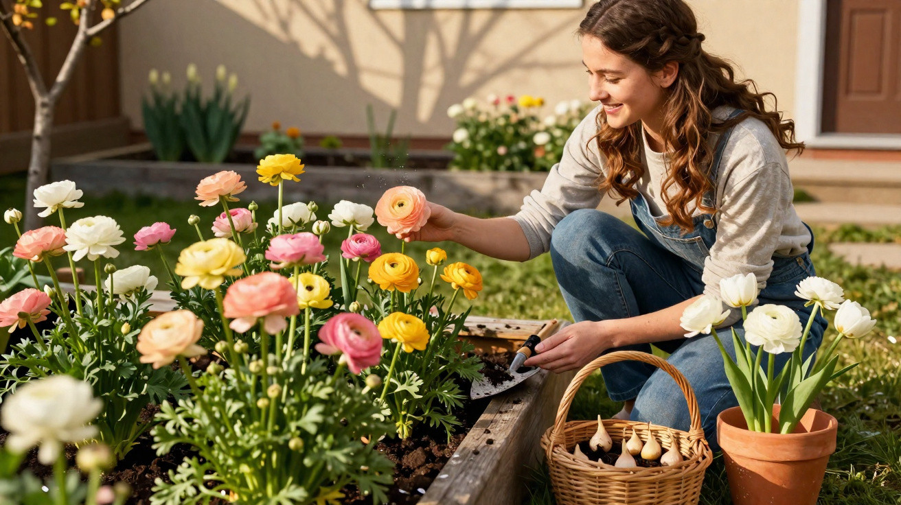 Mulher sorridente cuidando de flores coloridas em jardim, com cesta de bulbos e vaso ao lado.