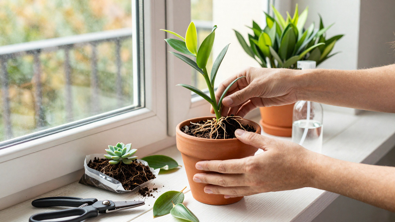 Pessoa plantando muda em vaso de barro ao lado de janela com outras plantas e tesoura.