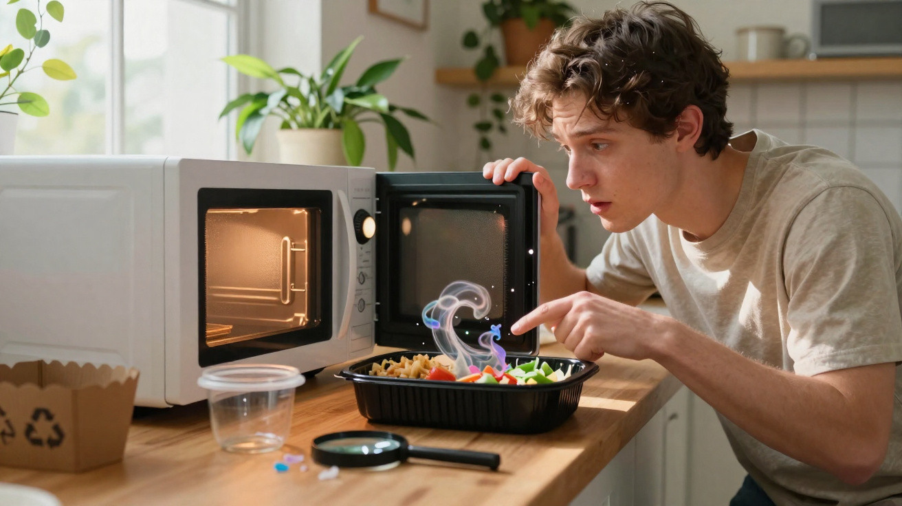 Jovem olhando curioso para fumaça estranha saindo de prato com comida em micro-ondas na cozinha.