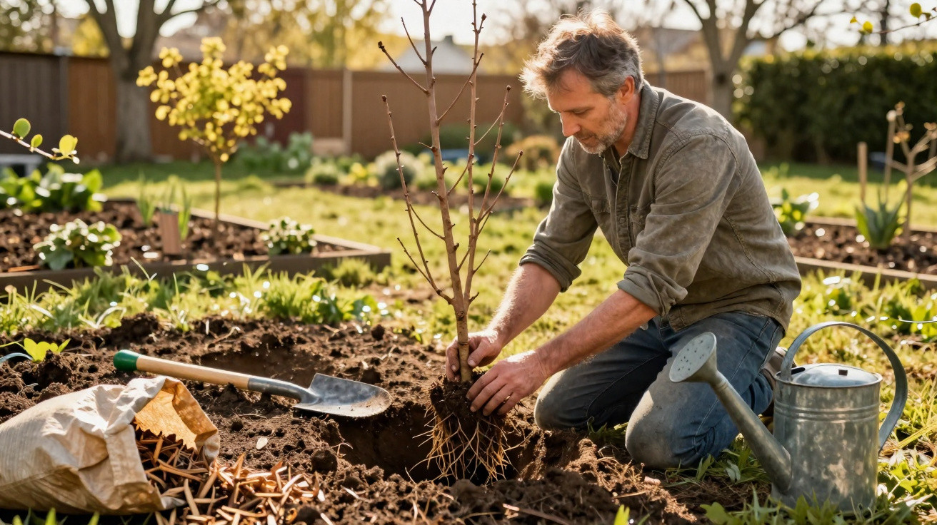 Homem ajoelhado no jardim plantando uma muda de árvore em solo preparado ao ar livre.
