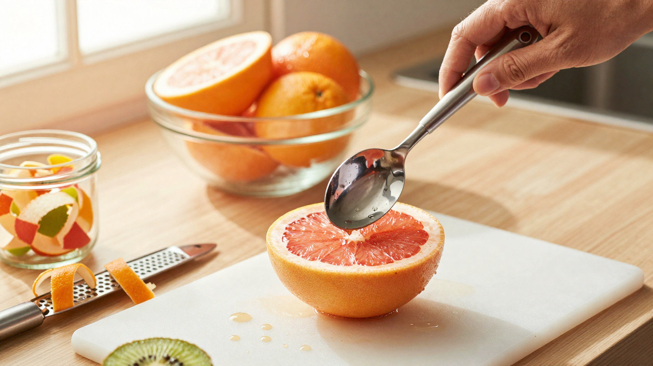 Mão usando colher para retirar suco de toranja cortada ao meio sobre tábua branca na cozinha.