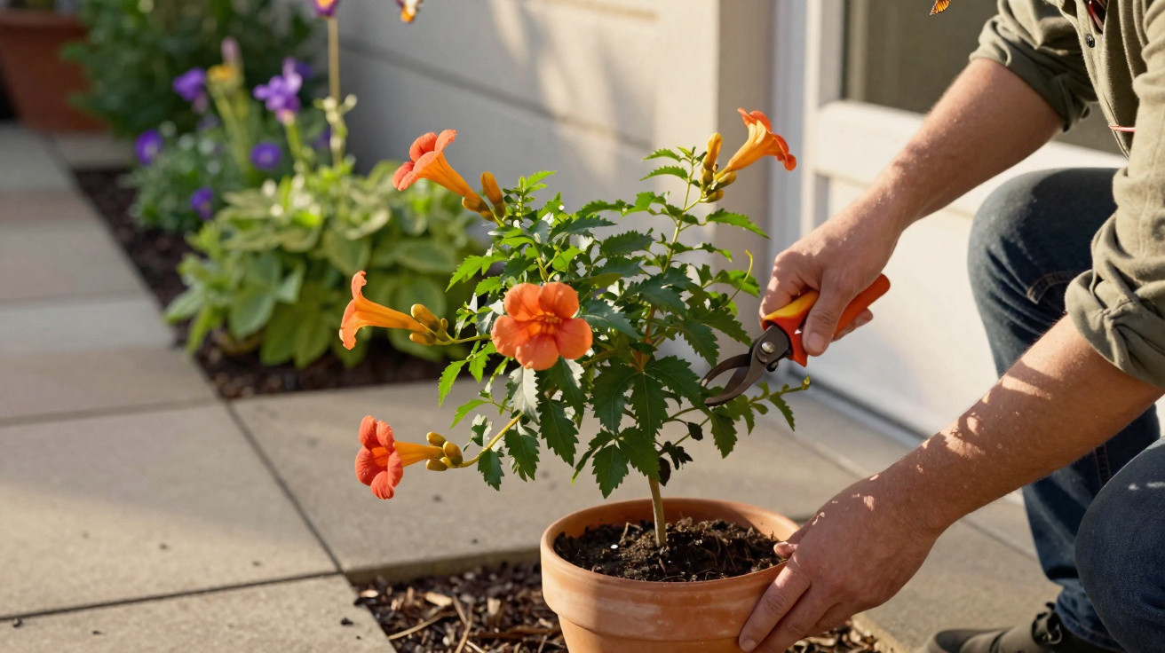 Pessoa podando flor laranja em vaso de barro na varanda com tesoura de jardinagem.