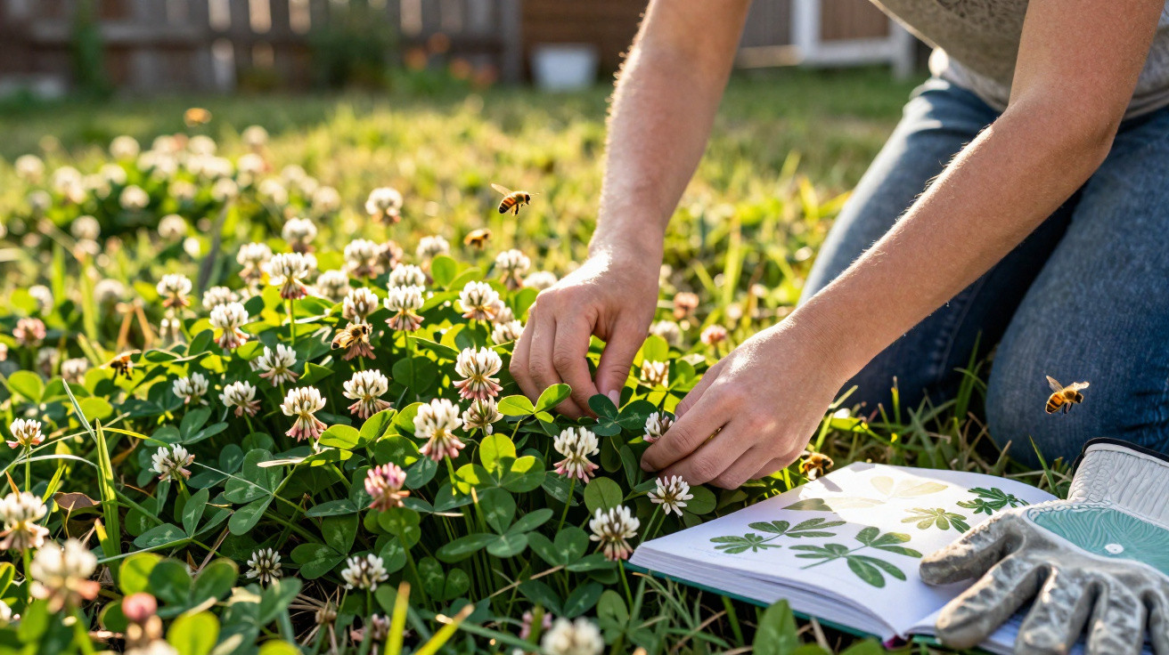 Pessoa examinando trevo branco em jardim com livro de botanica aberto e abelhas voando ao redor.