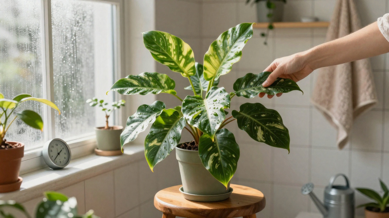 Mão tocando folha de planta verde com detalhes amarelos em vaso sobre banco de madeira em ambiente com janela.