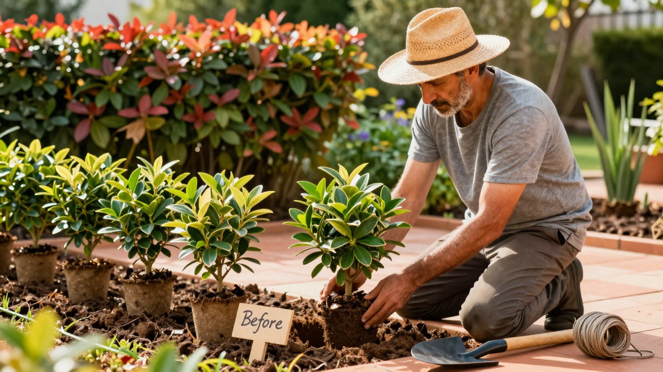 Homem com chapéu planta mudas em vaso no jardim durante o dia ensolarado.