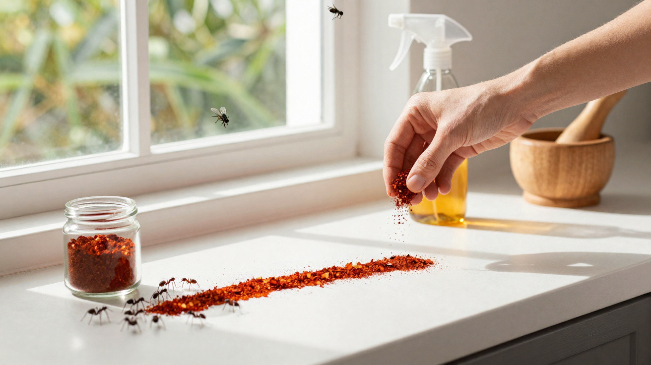 Mão espalhando pó vermelho para afastar formigas em bancada próxima a janela com frasco e spray.