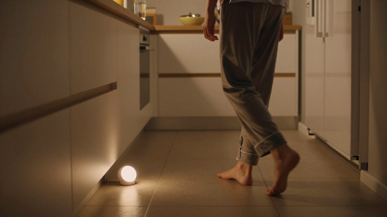 Pessoa descalça caminhando na cozinha iluminada por luz baixa próxima ao chão.