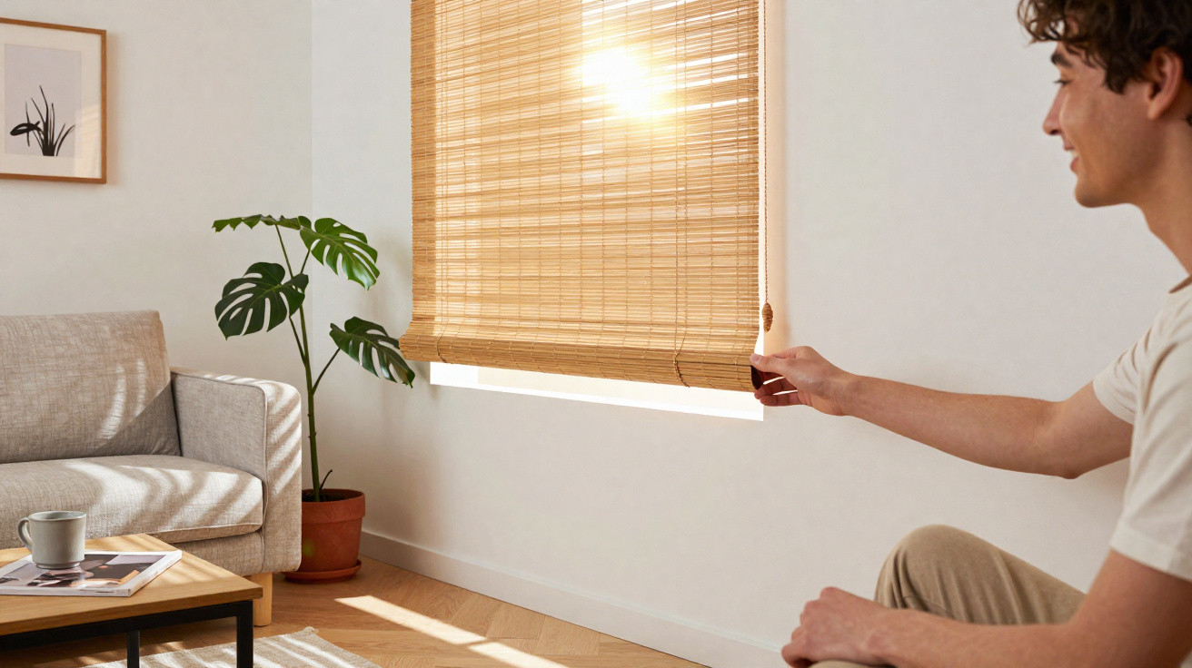 Pessoa abrindo persiana de bambu em sala iluminada com sofá, planta e mesa com xícara.