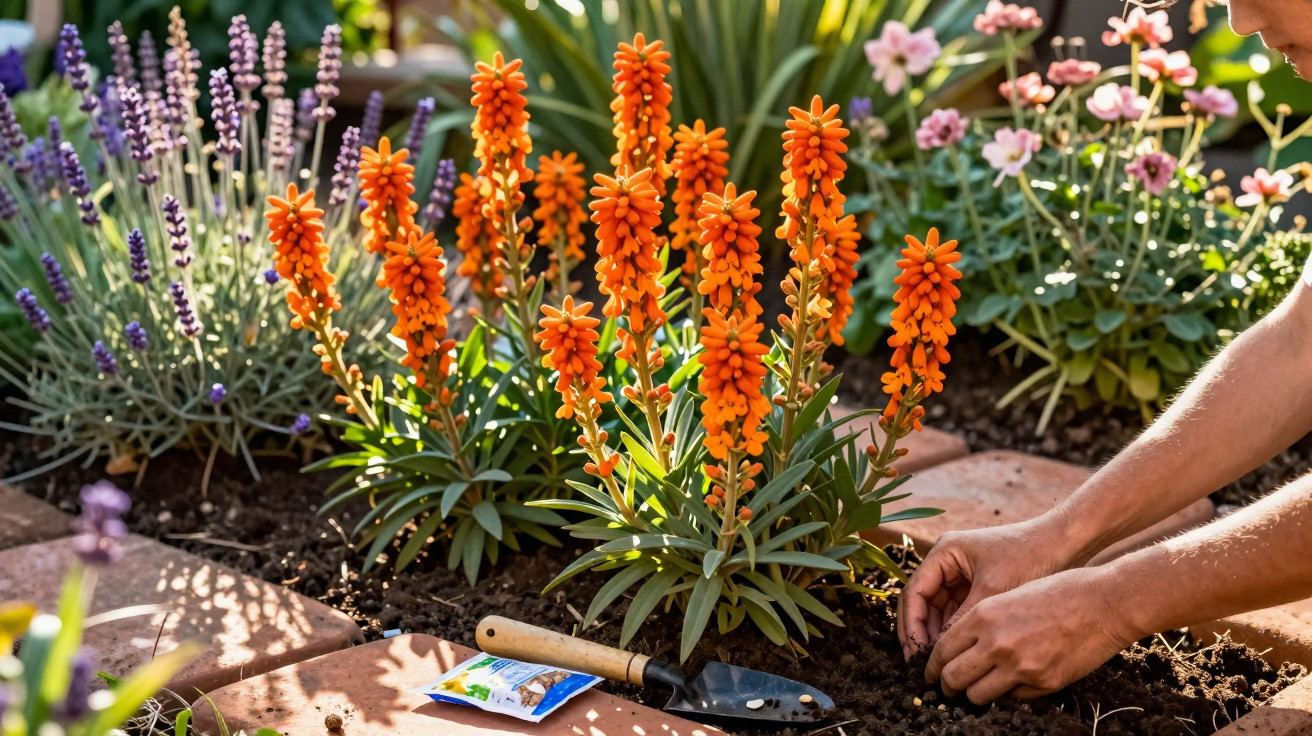 Pessoa cuidando de flores laranja e lavandas em jardim com solo e pedras.