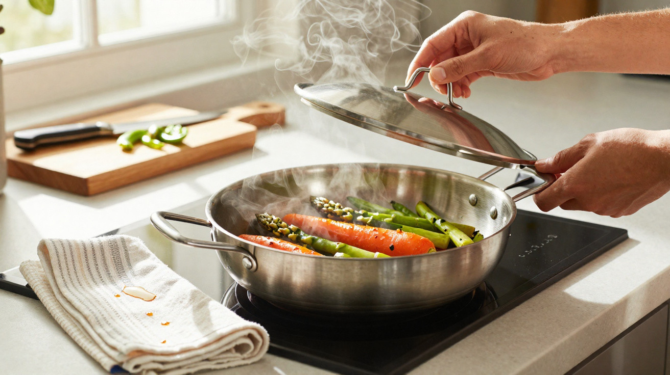 Mãos levantando tampa de panela com legumes cozinhando, incluindo cenoura e aspargos, em fogão.