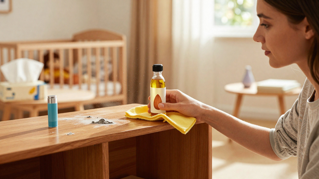 Mulher limpando móvel de madeira com pano amarelo e óleo de amêndoas, com berço e lenço ao fundo.