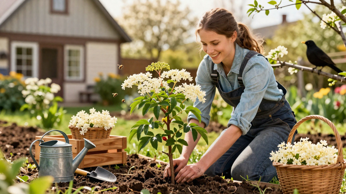 Mulher sorrindo plantando arbusto com flores brancas em jardim ensolarado, com ferramentas e cesta ao redor.