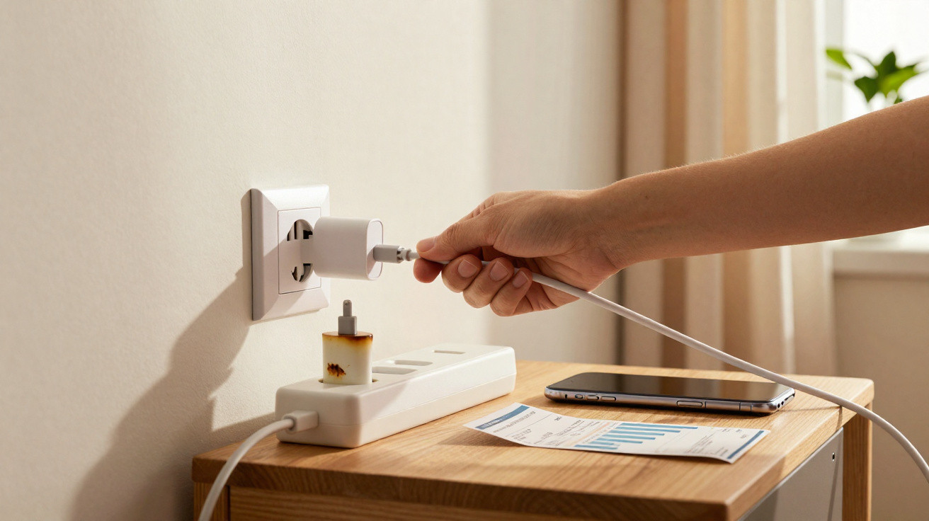 Pessoa conectando cabo USB em carregador na tomada, perto de celular sobre mesa de madeira.