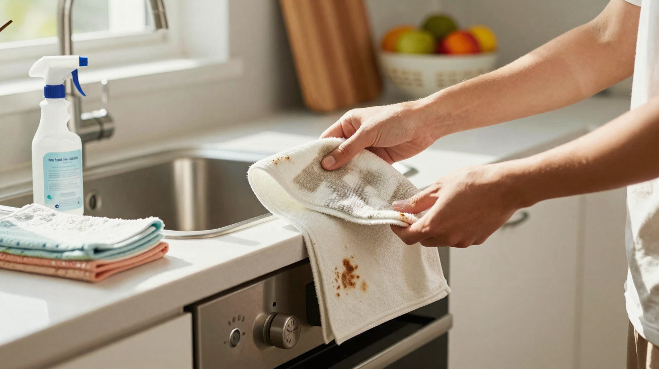 Pessoa segurando pano branco sujo na cozinha perto da pia e produtos de limpeza.