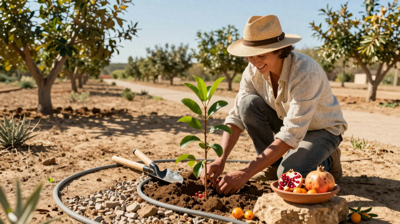 Pessoa plantando muda de árvore frutífera em pomar seco com sistema de irrigação por gotejamento.