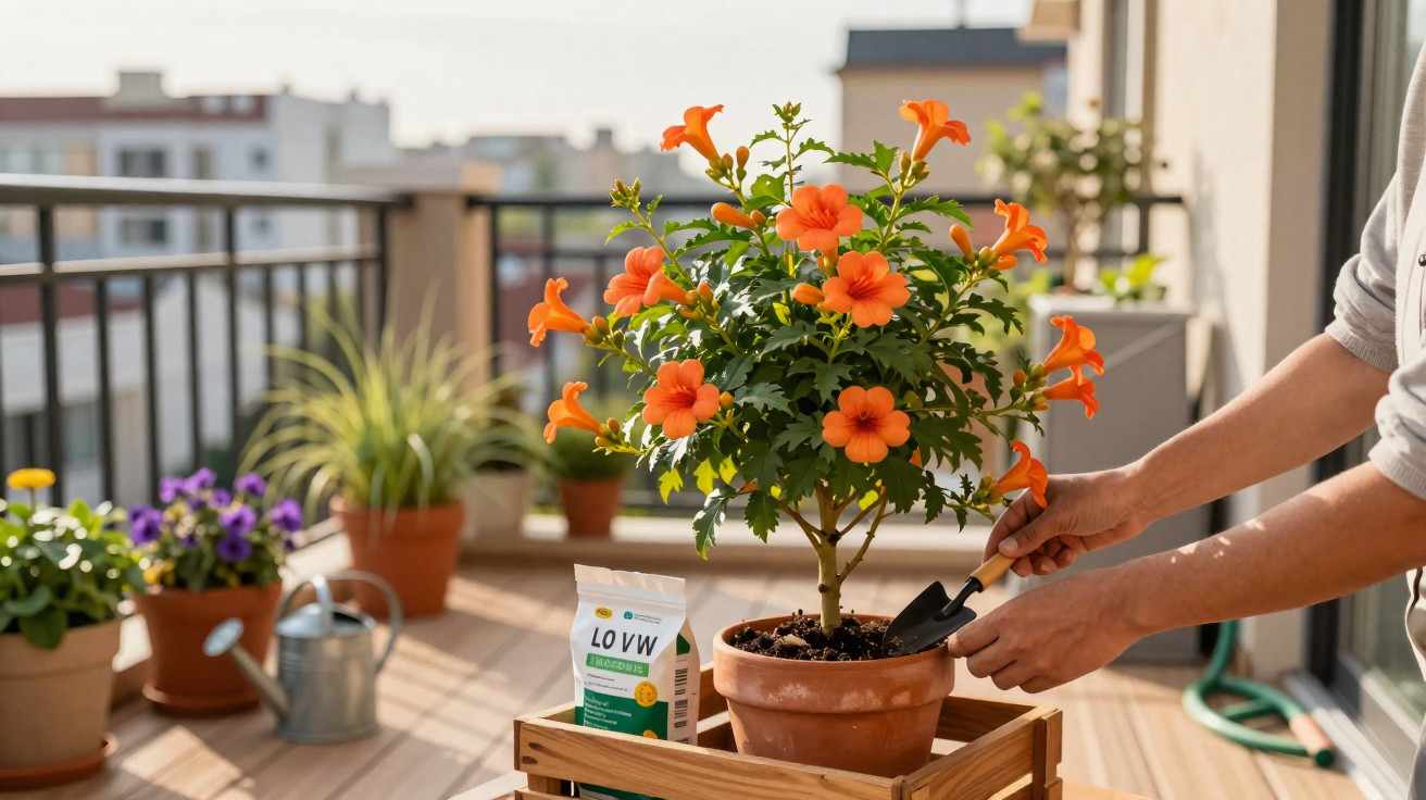 Pessoa cuidando de planta com flores laranjas em vaso na varanda ensolarada.