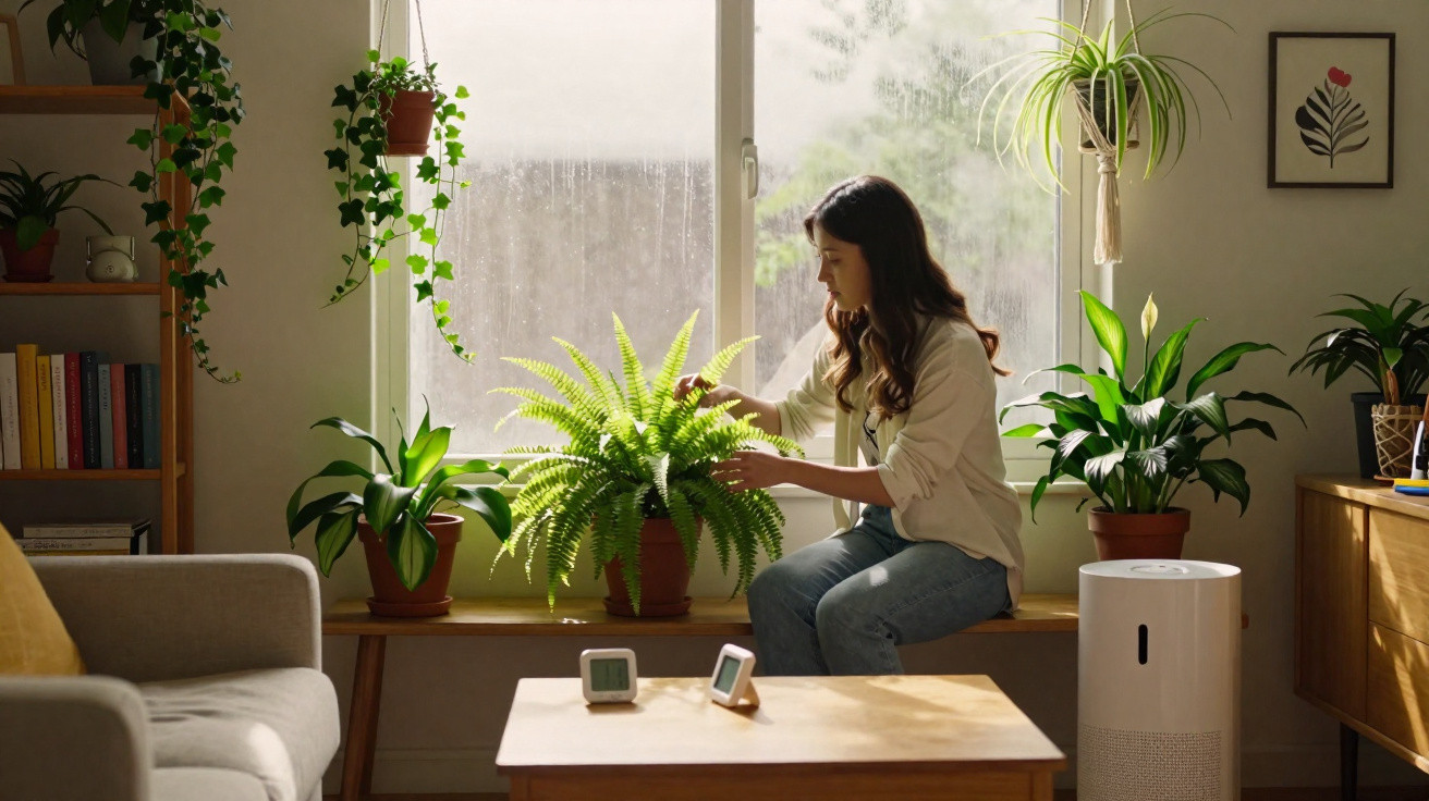 Mulher cuidando de plantas verdes em ambientes internos com luz natural entrando pela janela.