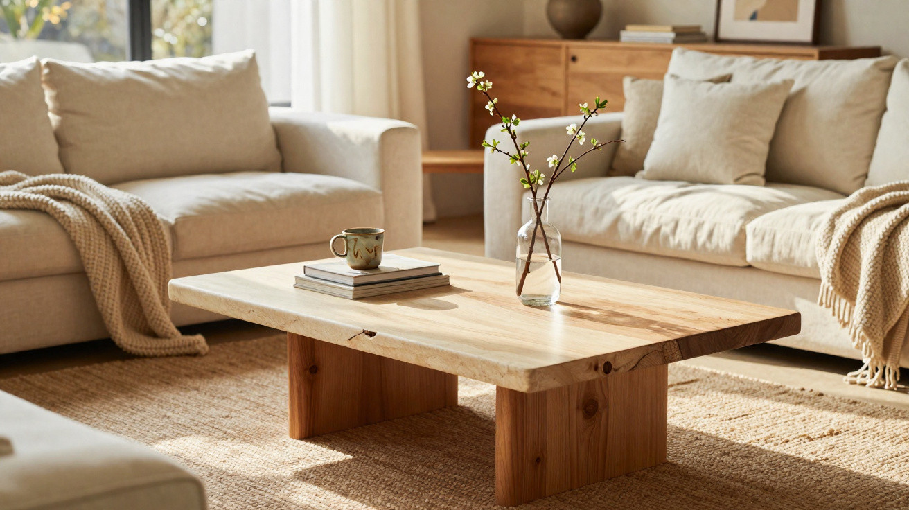Sala de estar com sofá bege, mesa de madeira com vaso de flores e tapete rústico iluminada por luz natural.