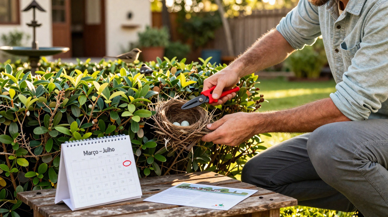 Homem segurando tesoura próximo a ninho com ovos em arbusto, ao lado de calendário e documento sobre mesa.
