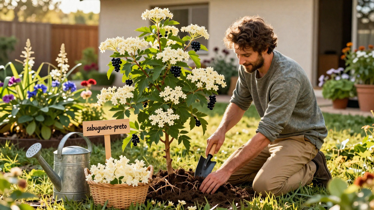 Homem plantando arbusto florescendo com frutas pretas em jardim ensolarado ao lado de regador e cesta.