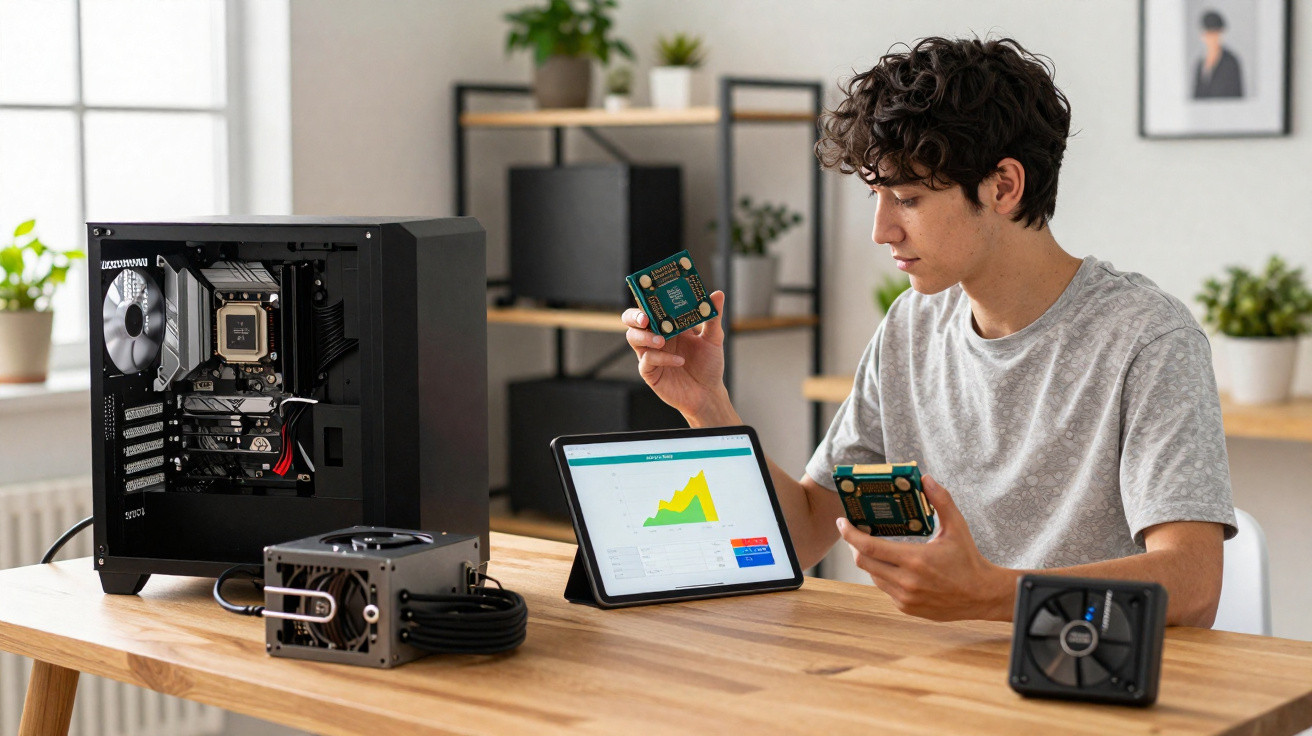 Jovem mexendo em componentes de computador enquanto consulta gráfico em tablet sobre mesa de madeira.