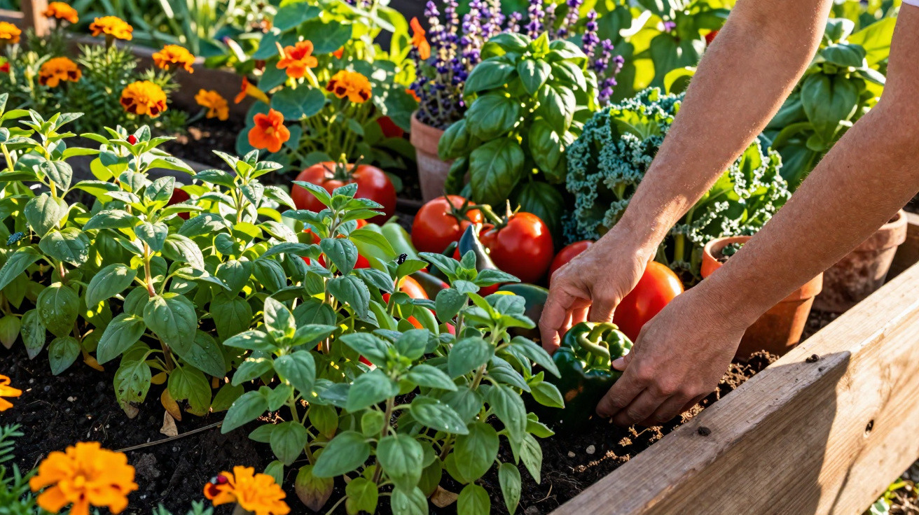 Pessoa colhendo pimentão verde em horta com tomates, manjericão, flores e ervas em canteiro de madeira.