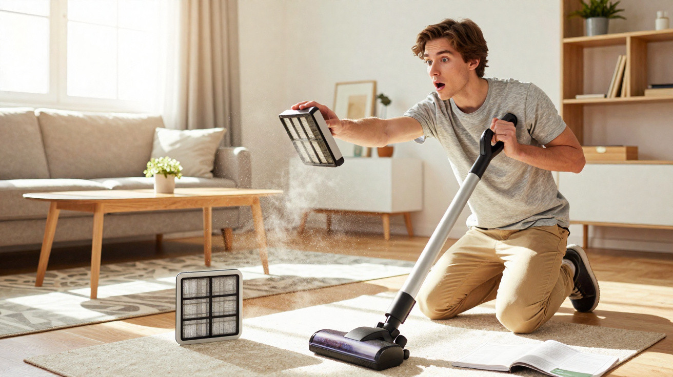 Homem removendo filtro sujo de aspirador em sala de estar iluminada e percebe poeira no ar.