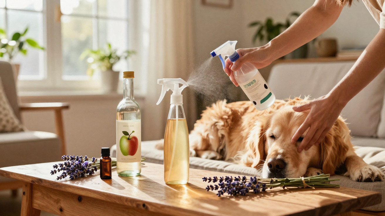 Pessoa borrifando spray aromático em cachorro dourado deitado ao lado de lavandas na mesa de madeira.