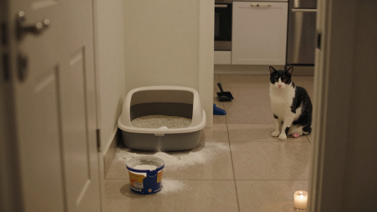 Gato preto e branco perto de caixa de areia e areia espalhada no chão de corredor.