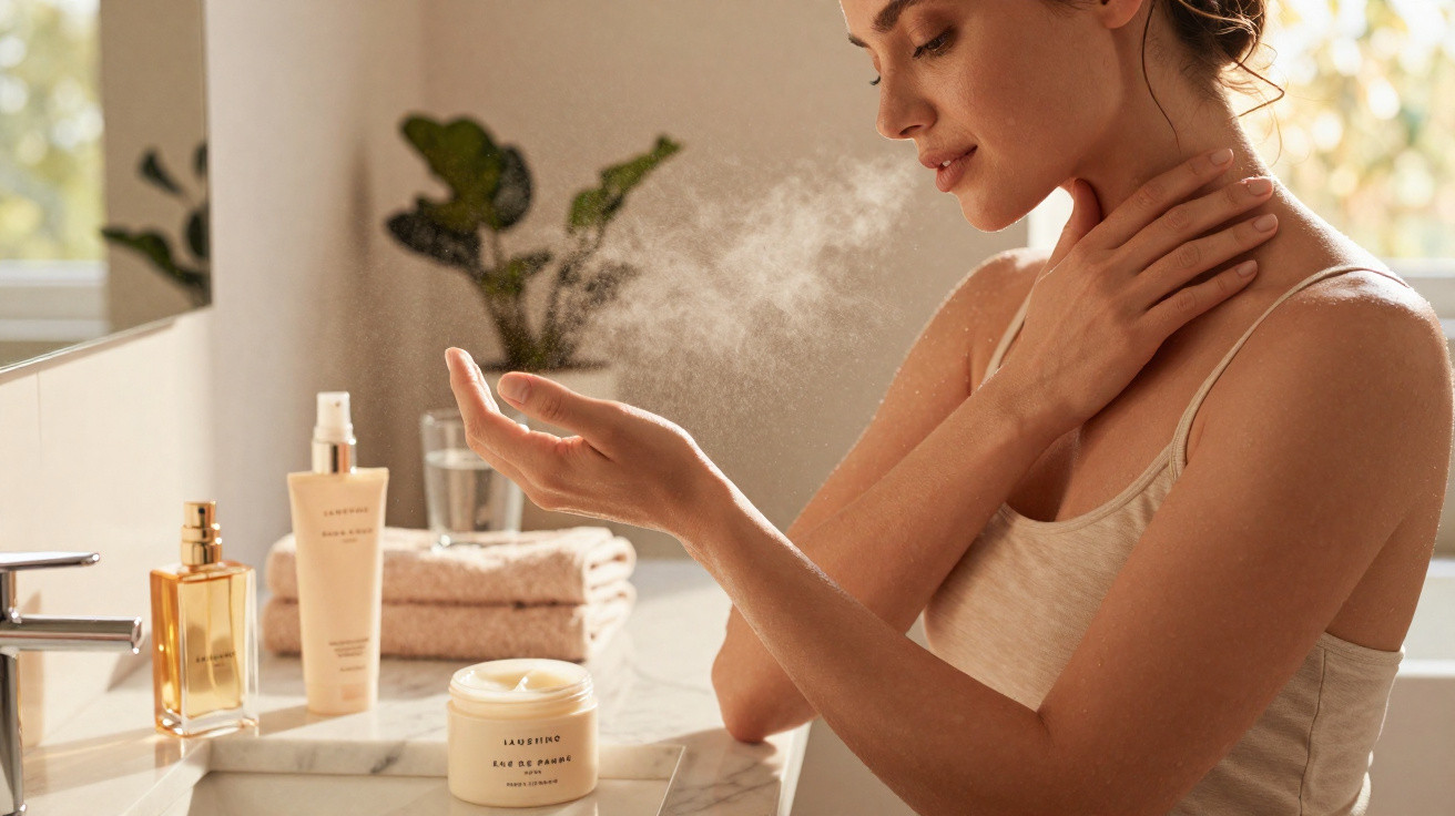Mulher aplicando spray facial perto de produtos de skincare em bancada de banheiro iluminado.