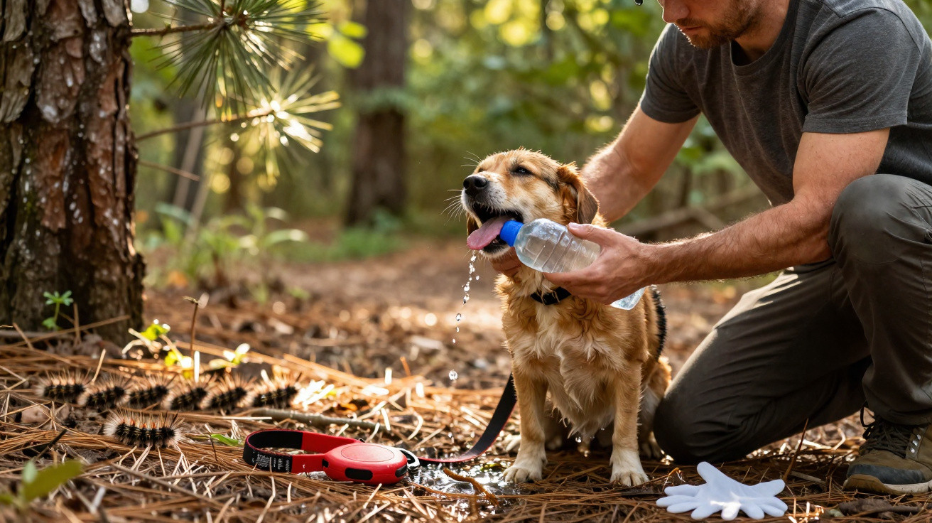 Homem oferece água a cachorro em trilha na floresta durante passeio.