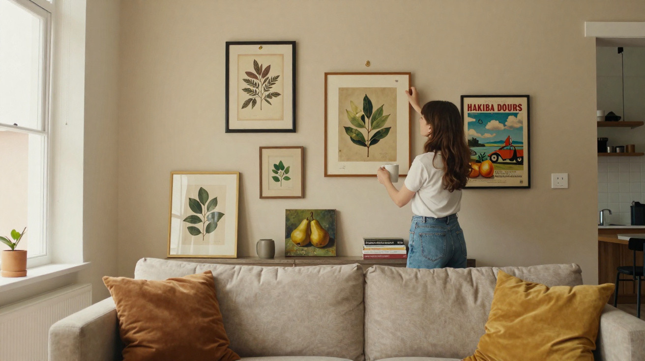 Mulher pendura quadro de folhas em parede de sala com sofá cinza e almofadas marrom e amarelo.