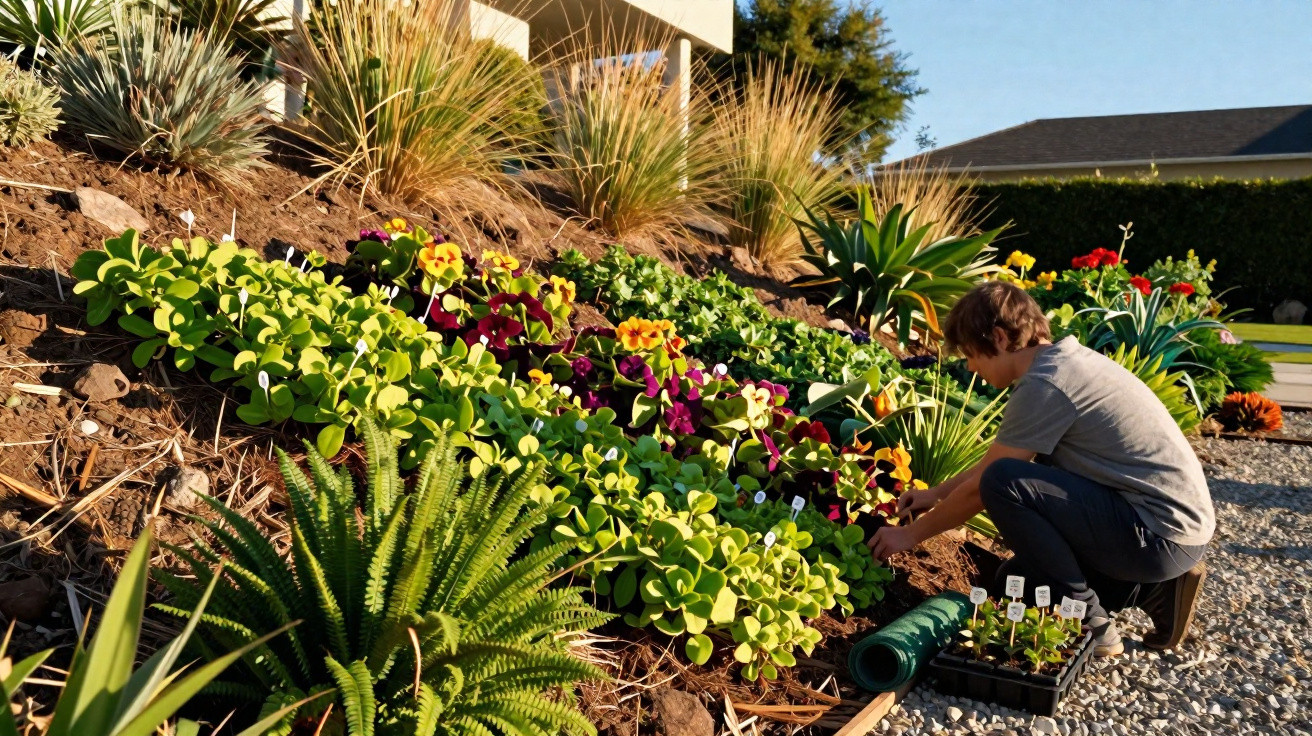 Garoto cuidando de flores coloridas em um jardim ensolarado ao lado de uma casa moderna.