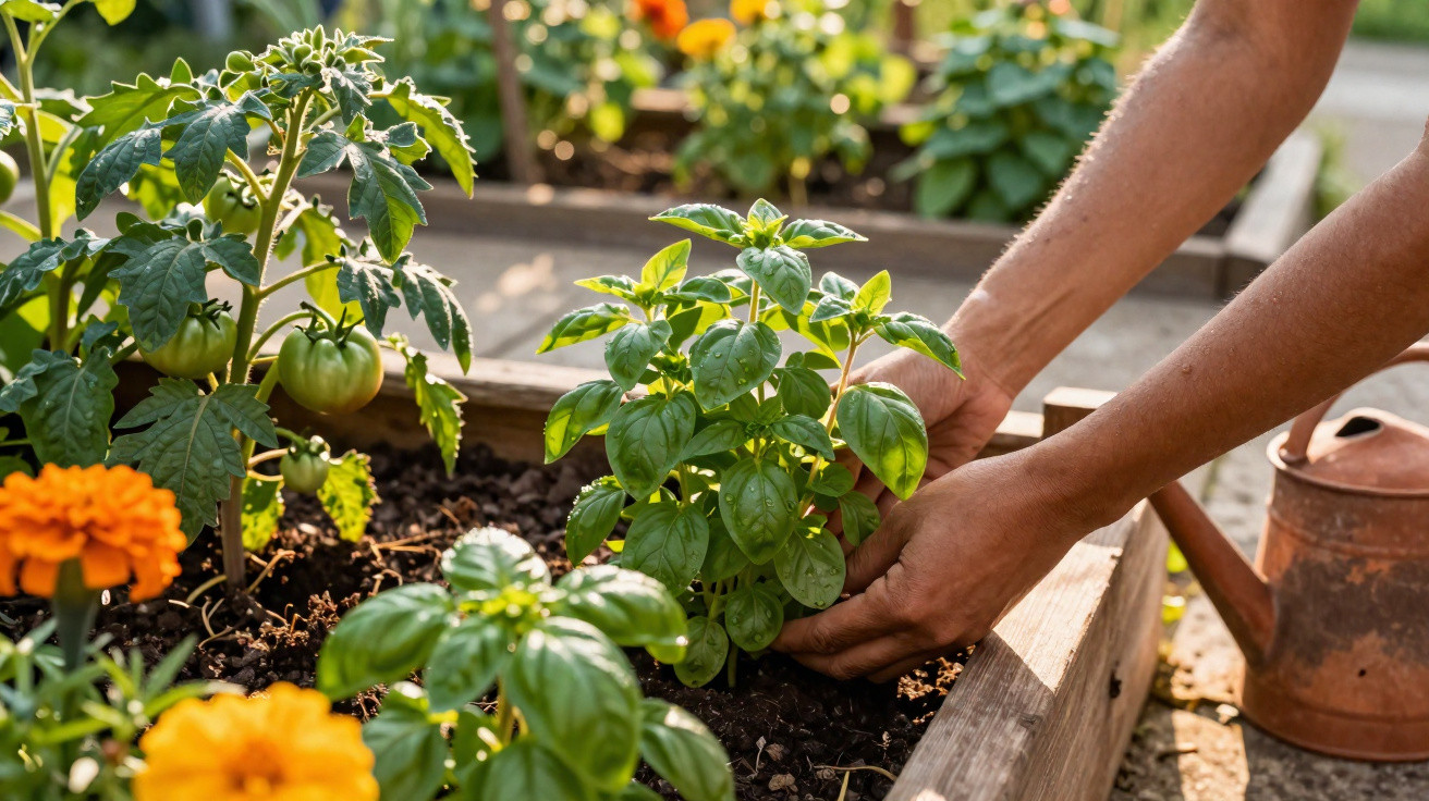 Mãos cuidando de manjericão em jardim suspenso com plantas de tomate e flores amarelas ao redor.