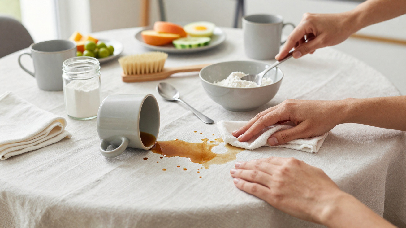Pessoa limpando café derramado de caneca cinza sobre toalha branca em mesa com frutas e utensílios.