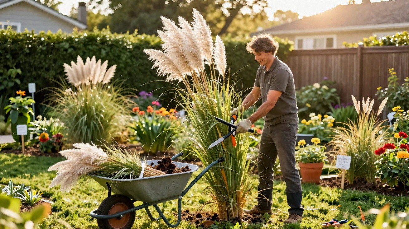 Homem cuidando de planta ornamental alta em jardim ensolarado com carrinho de mão e tesoura de poda.