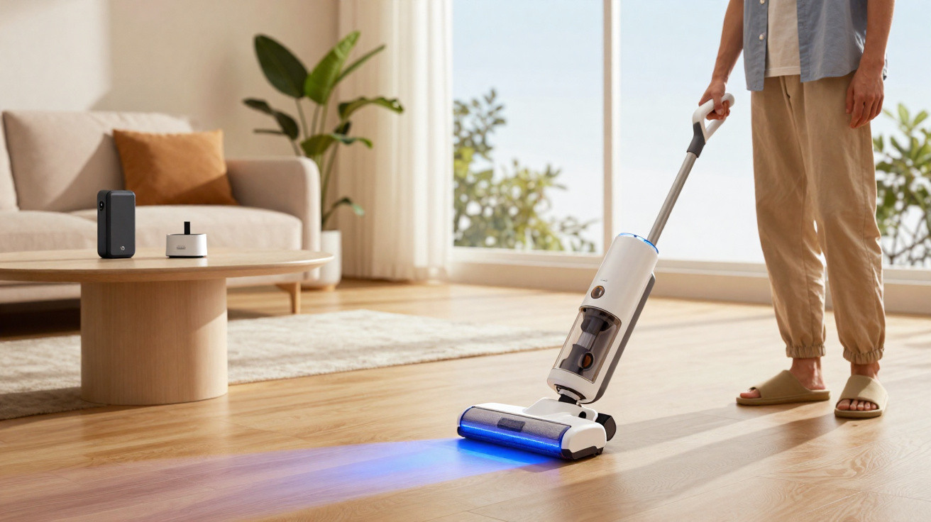 Pessoa usando aspirador robô com luz azul para limpar piso de madeira em sala com sofá e planta.