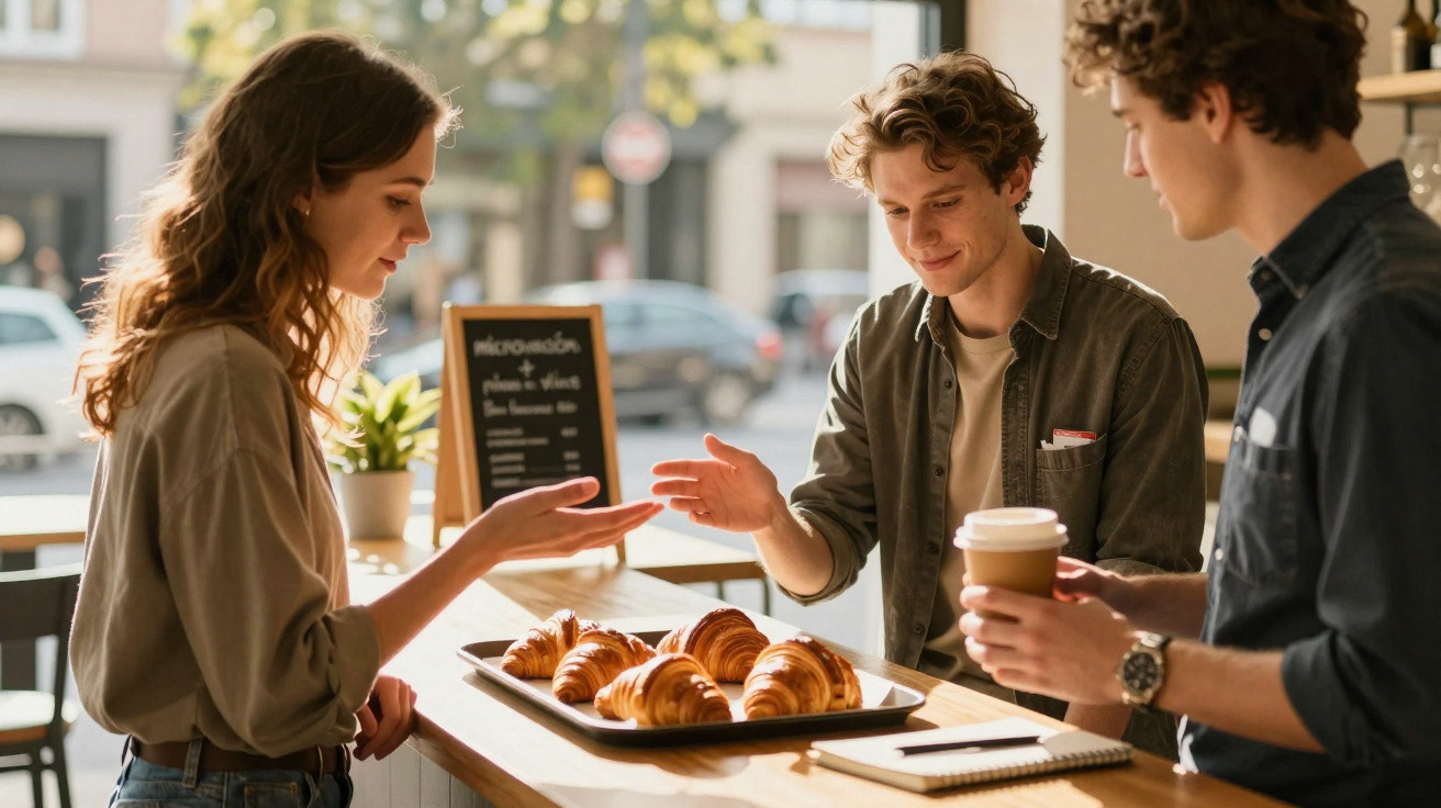 Jovem comprando croissants em cafeteria, atendida por dois garçons próximos ao balcão.