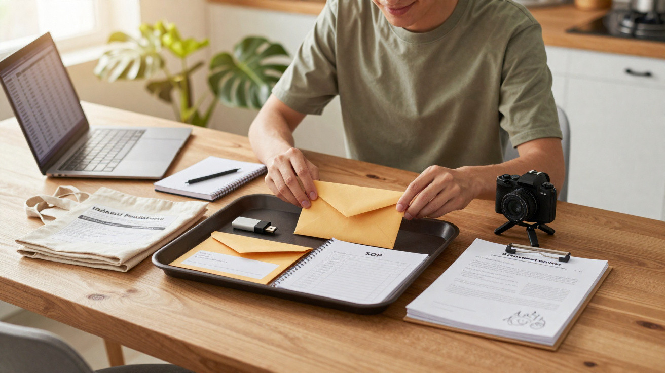 Pessoa abrindo envelope em mesa com documentos, laptop, câmera e pen drive em ambiente de trabalho doméstico.