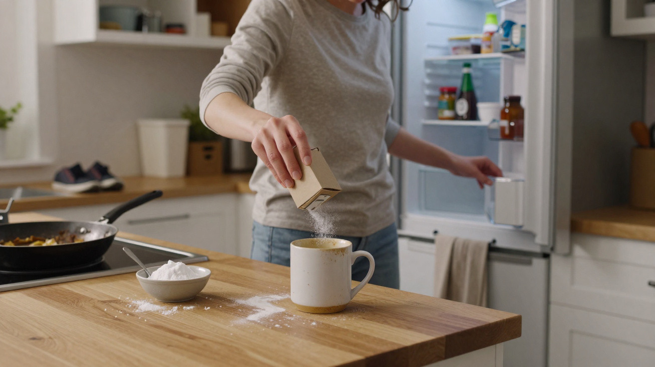 Pessoa adicionando açúcar em bebida quente em cozinha moderna com geladeira aberta ao fundo.