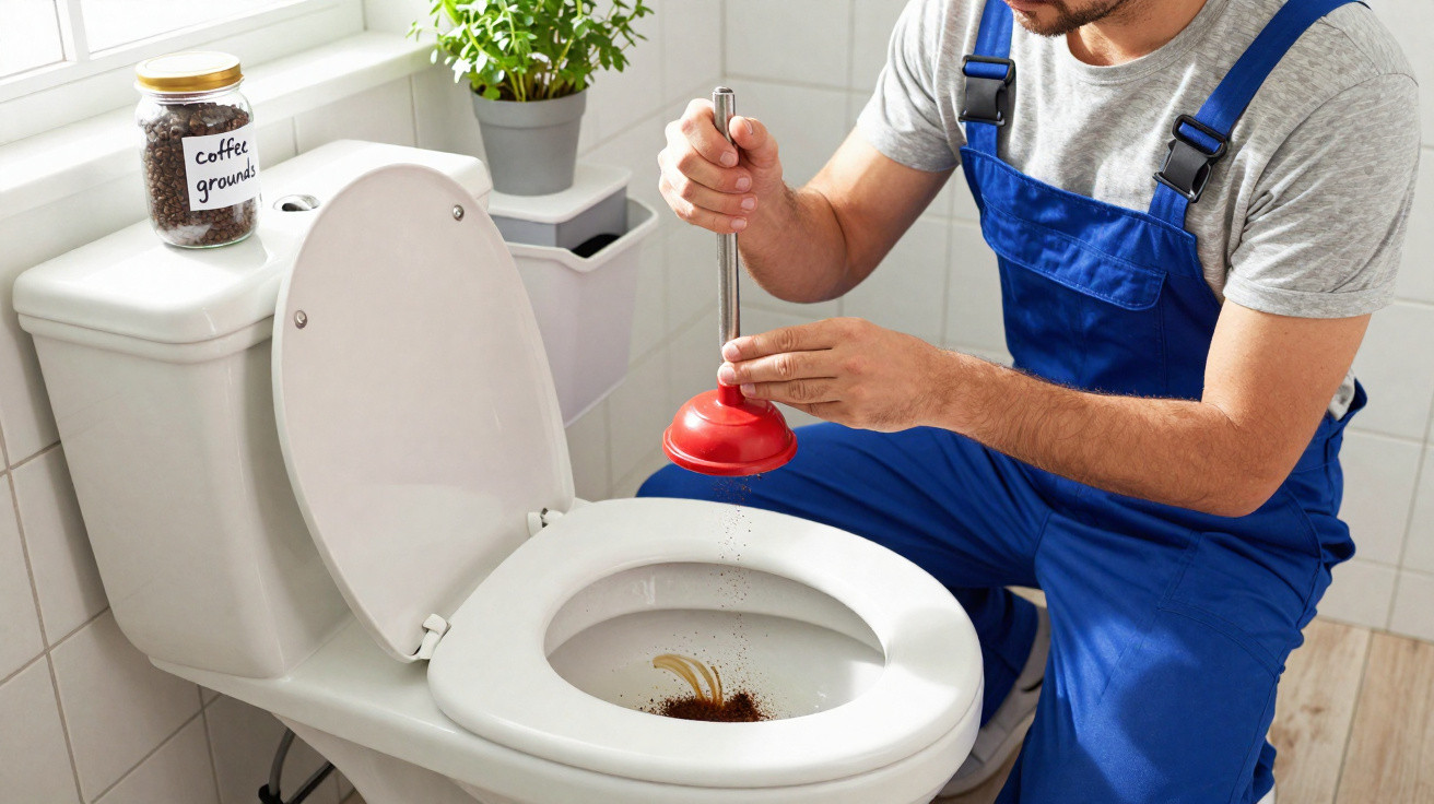 Homem com macacão azul usa desentupidor no vaso sanitário em banheiro branco, com pote de borra de café ao fundo.