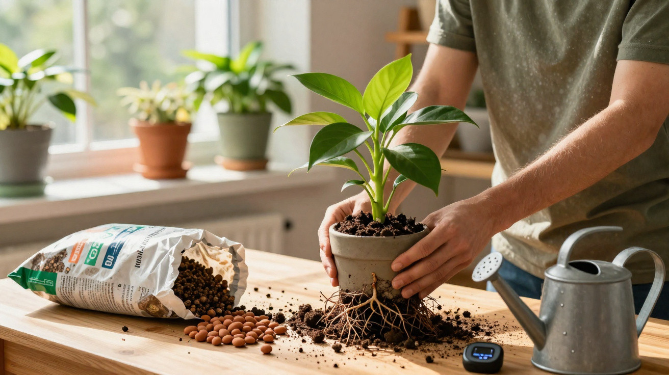 Pessoa transplantando muda de planta em vaso com terra, ao lado de regador e saco de argila expanding