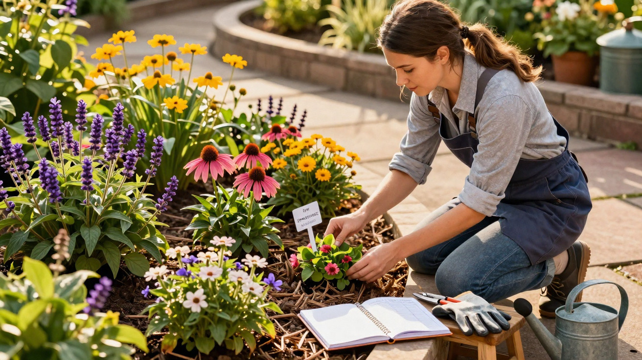 Mulher cuidando de flores coloridas em jardim, com luvas, regador e caderno ao lado.